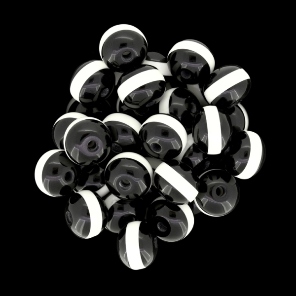 RESIN PLASTIC BEADS - BALL RESIN STRIPE BEADS - 12mm BLACK WITH WHITE STRIPE - 25 pcs. Hole-2.0mm