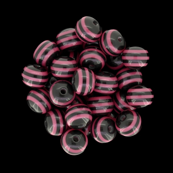 RESIN PLASTIC BEADS - BALL RESIN STRIPE BEADS - 12mm BLACK WITH PINK (DARK) - 25 pcs. Hole-2.0mm