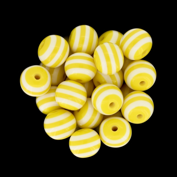 RESIN PLASTIC BEADS - BALL RESIN STRIPE BEADS - 14mm YELLOW WITH WHITE - 10 pcs. Hole-2.5mm