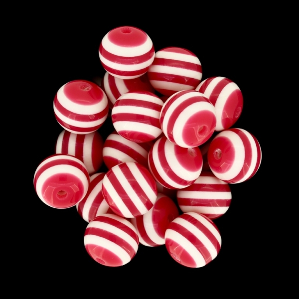 RESIN PLASTIC BEADS - BALL RESIN STRIPE BEADS - 14mm CORAL PINK (DARK) WITH WHITE - 10 pcs. Hole-2.5mm