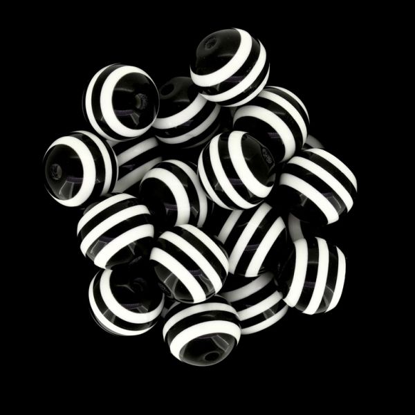 RESIN PLASTIC BEADS - BALL RESIN STRIPE BEADS - 14mm BLACK WITH WHITE - 250pcs. Hole-2.5mm