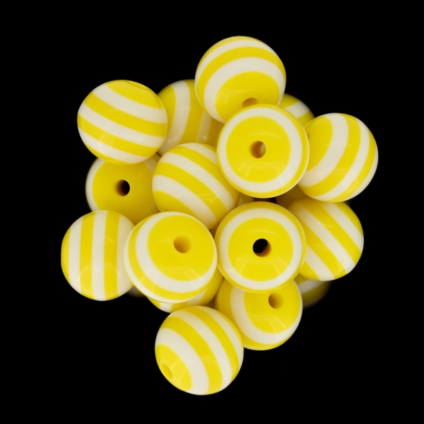 RESIN PLASTIC BEADS - BALL RESIN STRIPE BEADS - 16mm YELLOW WITH WHITE - 5 pcs. Hole-3.0mm