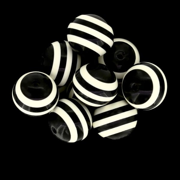 RESIN PLASTIC BEADS - BALL RESIN STRIPE BEADS - 20mm BLACK WITH IVORY - 100pcs. Hole-3.0mm
