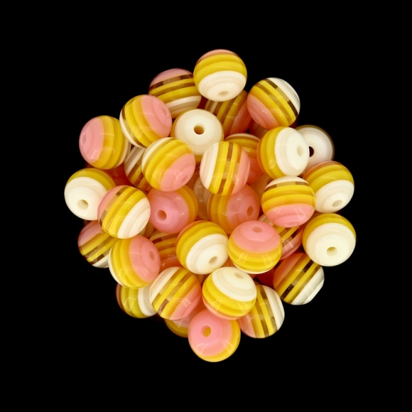 RESIN PLASTIC BEADS - BALL RESIN STRIPE BEADS TRANSPARENT - 10mm WHITE-ORANGE-PINK - 25 pcs. Hole-2.0mm