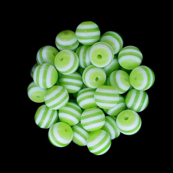 RESIN PLASTIC BEADS - BALL RESIN STRIPE BEADS - 10mm GREEN (LIGHT) WITH WHITE - 25 pcs. Hole-2.0mm