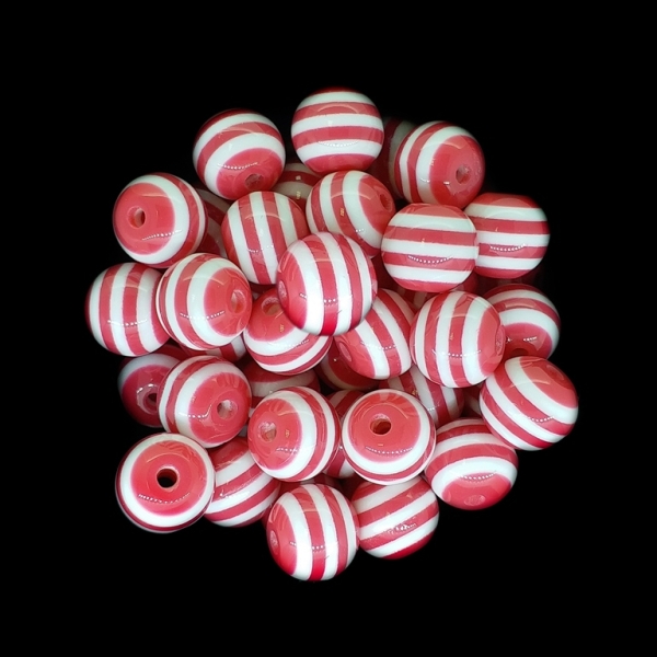 RESIN PLASTIC BEADS - BALL RESIN STRIPE BEADS - 10mm CORAL PINK (DARK) WITH WHITE - 25 pcs. Hole-2.0mm