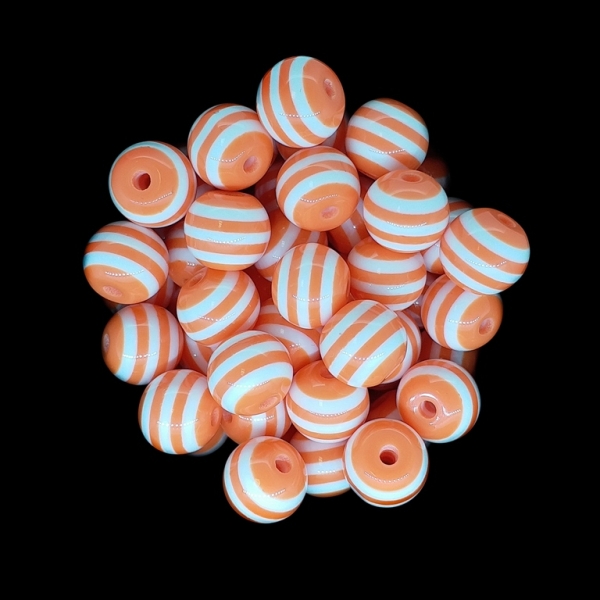 RESIN PLASTIC BEADS - BALL RESIN STRIPE BEADS - 10mm ORANGE (LIGHT) WITH WHITE - 25 pcs. Hole-2.0mm