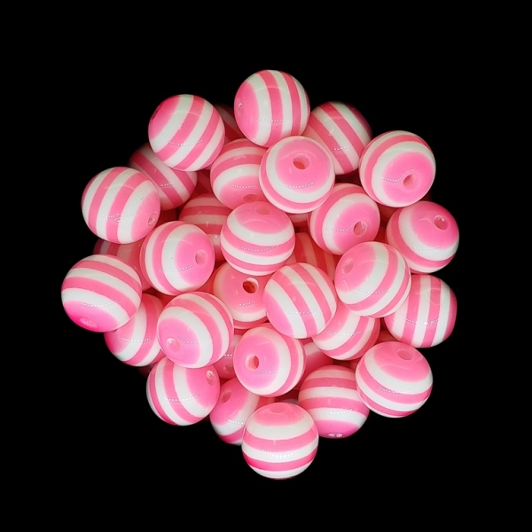 RESIN PLASTIC BEADS - BALL RESIN STRIPE BEADS - 10mm PINK WITH WHITE - 25 pcs. Hole-2.0mm