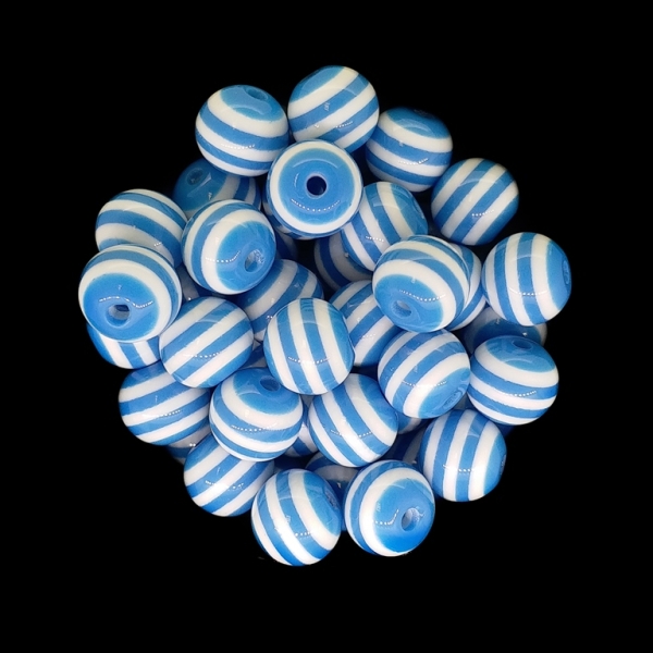 RESIN PLASTIC BEADS - BALL RESIN STRIPE BEADS - 10mm BLUE 02 WITH WHITE - 25 pcs. Hole-2.0mm