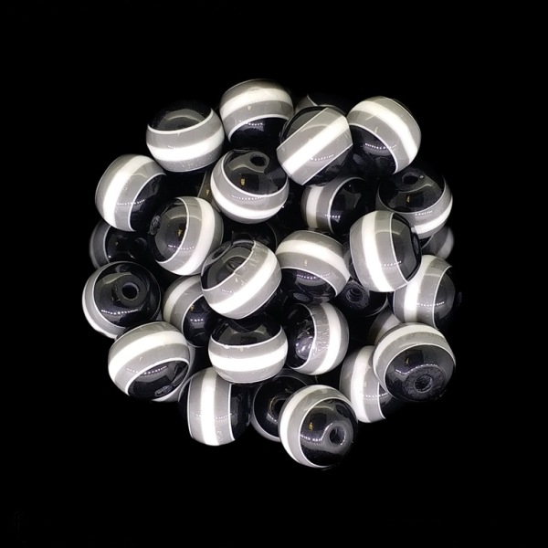 RESIN PLASTIC BEADS - BALL RESIN STRIPE BEADS - 10mm BLACK WITH WHITE AND GRAY STRIPE - 25 pcs. Hole-2.0mm