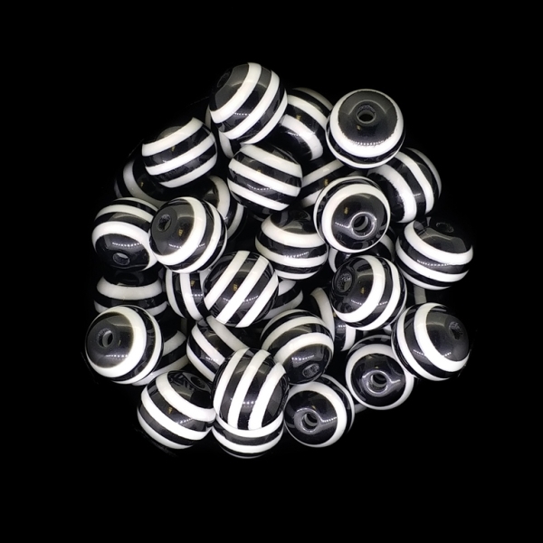 RESIN PLASTIC BEADS - BALL RESIN STRIPE BEADS - 10mm BLACK WITH WHITE - 25 pcs. Hole-2.0mm