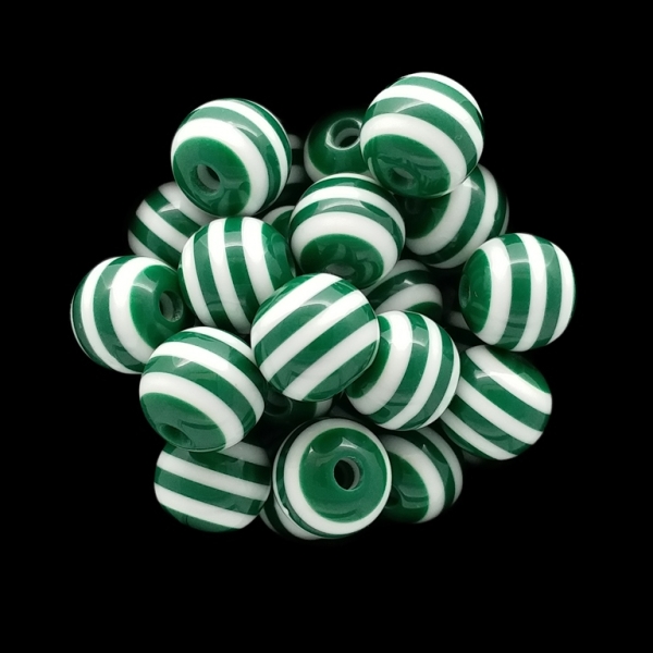 RESIN PLASTIC BEADS - BALL RESIN STRIPE BEADS - 12mm GREEN (DARK) WITH WHITE - 25 pcs. Hole-2.0mm