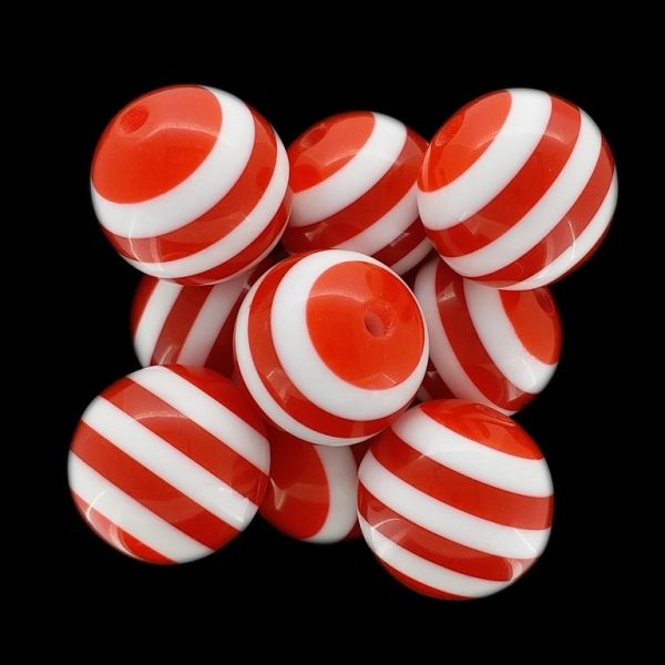 RESIN PLASTIC BEADS - BALL RESIN STRIPE BEADS - 20mm RED WITH WHITE - 5 pcs. Hole-3.0mm