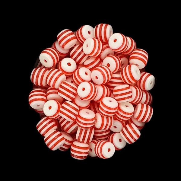 RESIN PLASTIC BEADS - BALL RESIN STRIPE BEADS TRANSPARENT - 8mm WHITE WITH TRANSPARENT RED STRIPES - 50 pcs. Hole-1.5mm