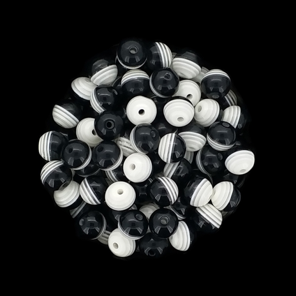 RESIN PLASTIC BEADS - BALL RESIN STRIPE BEADS TRANSPARENT - 8mm WHITE-BLACK - 50 pcs. Hole-1.5mm