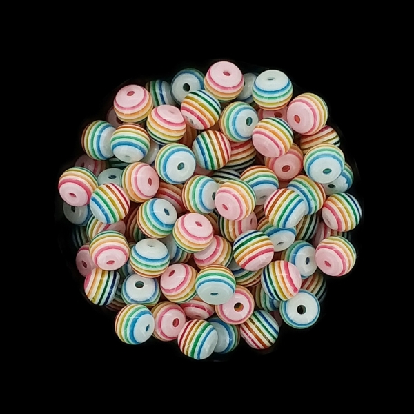 RESIN PLASTIC BEADS - BALL RESIN STRIPE BEADS TRANSPARENT - 8mm RAINBOW (LIGHT) - 50 pcs. Hole-1.5mm