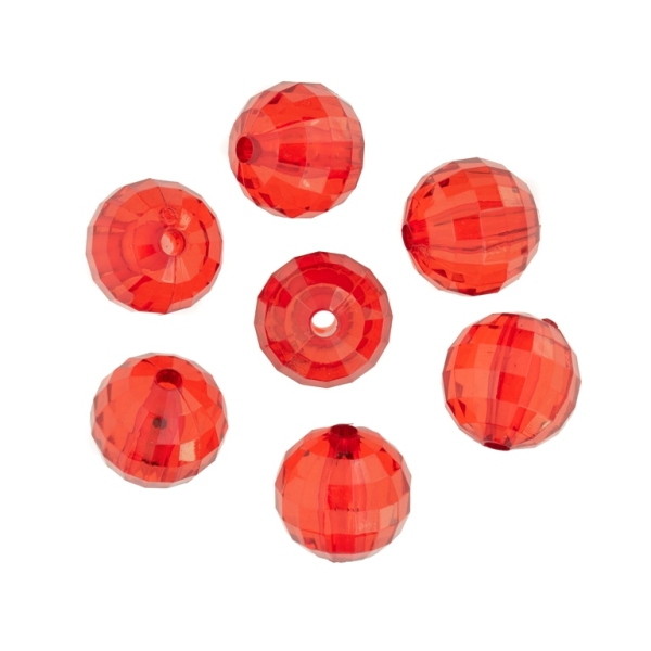 TRANSPARENT PLASTIC BEADS - BALL FACETED - 16mm RED (LIGHT) V11 - 50g Hole-3.0mm (20pcs.)