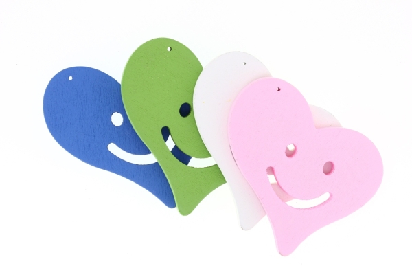 WOODEN FIGURES - HEART 01 SMILE - 56x48x4mm MIX - 5pcs. Hole-2.0mm