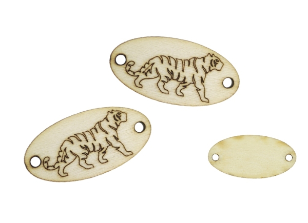 LASER CUT WOODEN FIGURES - ELLIPSE 30x15mm - TIGER - NATURAL - PACKAGE 100pcs. Hole-2.0mm 