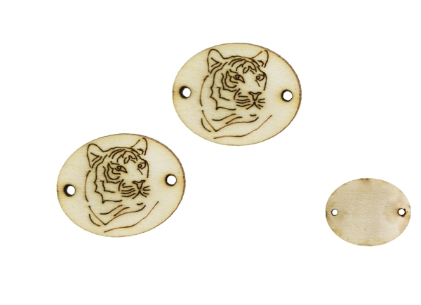 LASER CUT WOODEN FIGURES - OVAL 25x20mm - TIGER - NATURAL - PACKAGE 100pcs. Hole-1.5mm 