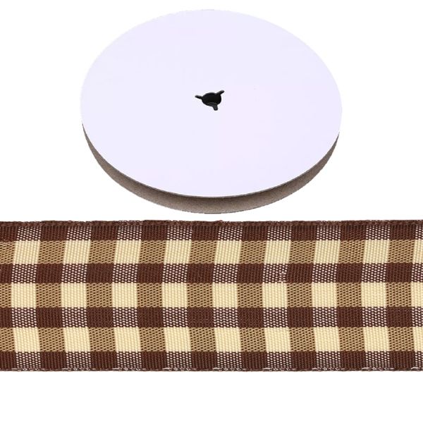 COUNTRY CHECK PATTERN RIBBON - 26mm BROWN AND BEIGE - PACKAGE 2x50yards(45m)