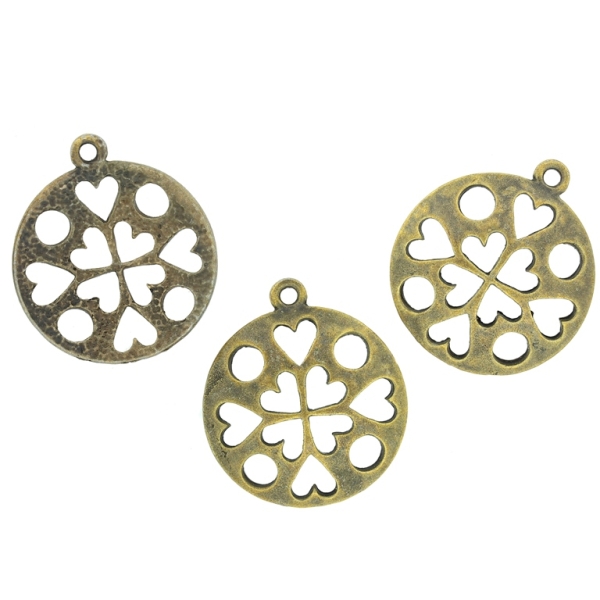 METAL BEADS - PENDANT - CIRCLE WITH CLOVER - 25x4mm ANTIQUE BRONZE - 8pcs. Hole-2.0mm