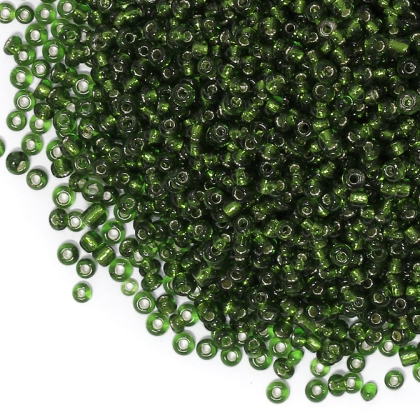 GLASS SEED BEADS - BALL 3mm - SILVER LINED - GREEN MILITARY 55А - 50g Hole-1.0mm