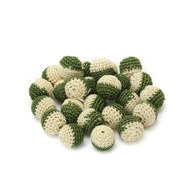 BALL WITH BRAIDED THREAD - 20mm GREEN-ECRU - 50pcs. Hole-3.5mm