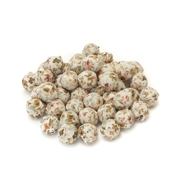 BALL WITH FABRIC - 14mm BROWN WITH FLOWERS  - 50pcs. Hole-3.5mm