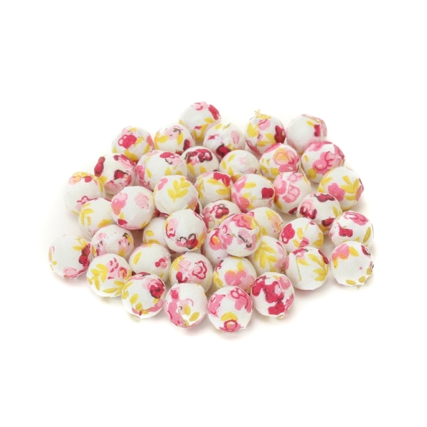 BALL WITH FABRIC - 14mm WHITE-CYCLAMEN - 50pcs. Hole-3.5mm