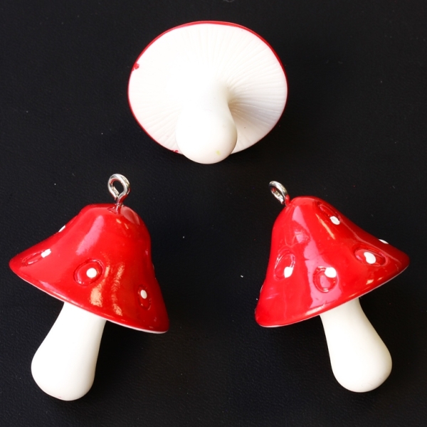 PLASTIC BEADS - RESIN 3D - PENDANTS - MUSHROOM 04 - 25x37mm WHITE AND RED - 2pcs. Hole-2.2mm