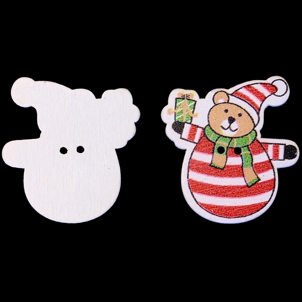 WOODEN FIGURES - CHRISTMAS - BUTTON TYPE - BEAR WITH GIFT 01 - 28x30x2mm RED AND GREEN - 10 pcs. Hole-2x2.0mm