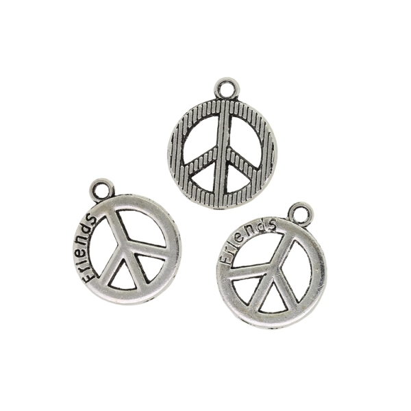 METAL BEADS - PENDANT - PEACE SIGN 03 - 19x23x1.8mm NICKEL - 4pcs. Hole-2.5mm