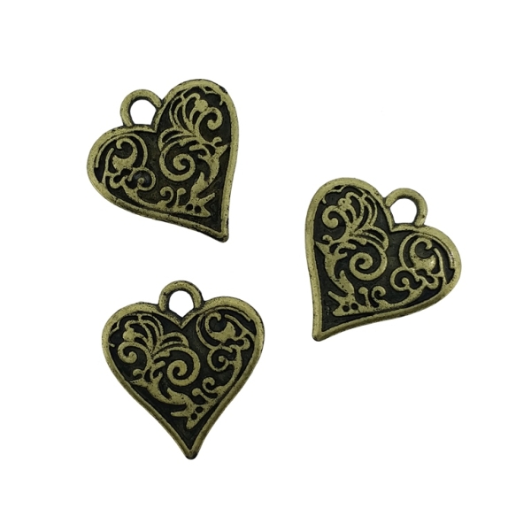 METAL BEADS - PENDANT - HEART 04 RELIEF - 15x16x1.5mm ANTIQUE BRONZE - 10pcs. Hole-2.2mm