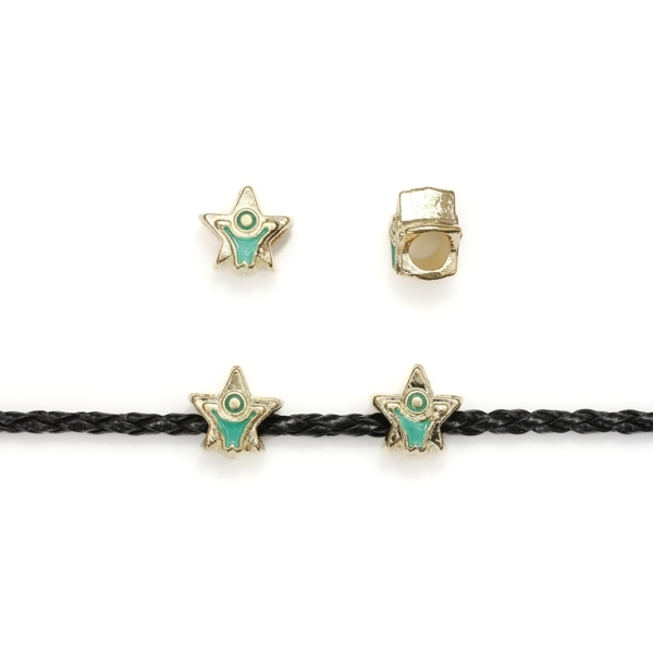 PANDORA TYPE - METAL WITH ENAMEL - STAR 01 - 12x12x8mm GOLD AND GREEN - 8pcs. Hole-4.5mm