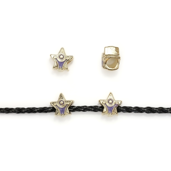 PANDORA TYPE - METAL WITH ENAMEL - STAR 01 - 12x12x8mm GOLD AND PURPLE - 8pcs. Hole-4.5mm