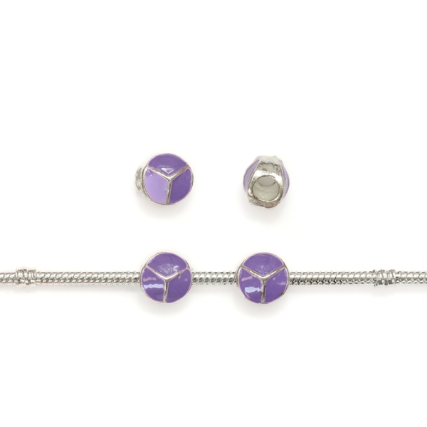 PANDORA TYPE - METAL WITH ENAMEL - CIRCLE PEACE SIGN - 10x10mm SILVER AND PURPLE - 8pcs. Hole-4.5mm