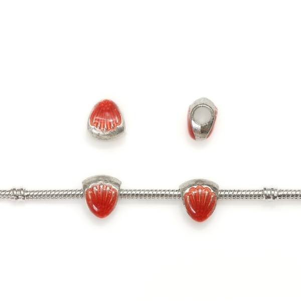 PANDORA TYPE - METAL WITH ENAMEL - SEA SHELL 01 - 11x12x8mm SILVER AND CORAL - 8pcs. Hole-4.5mm