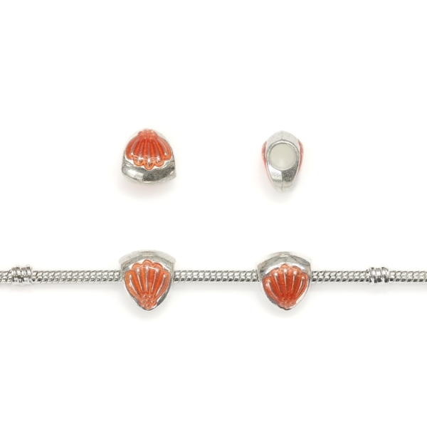 PANDORA TYPE - METAL WITH ENAMEL - SEA SHELL 01 - 11x12x8mm SILVER AND CORAL (LIGHT) - 8pcs. Hole-4.5mm