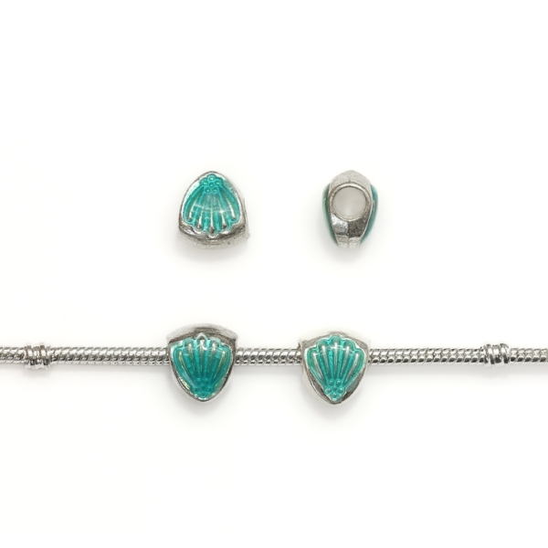 PANDORA TYPE - METAL WITH ENAMEL - SEA SHELL 01 - 11x12x8mm SILVER AND BLUE-GREEN - 8pcs. Hole-4.5mm