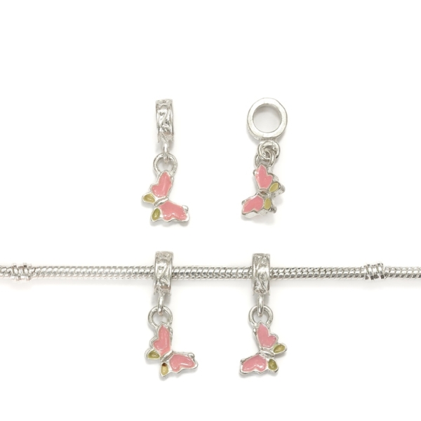 PANDORA TYPE - METAL WITH ENAMEL - SEPARATOR WITH BUTTERFLY PENDANT - 4x13x8mm SILVER-PINK-YELLOW - 10pcs. Hole-5.5mm