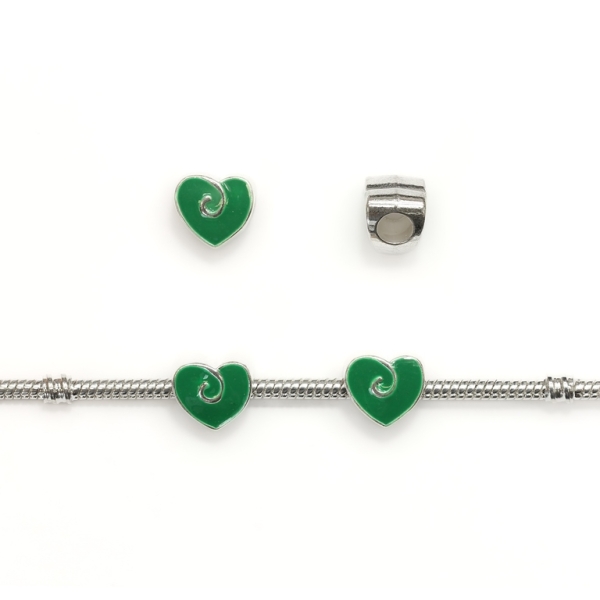 PANDORA TYPE - METAL WITH ENAMEL - HEART 01 - 11x11x9mm SILVER AND GREEN - 5pcs. Hole-4.5mm