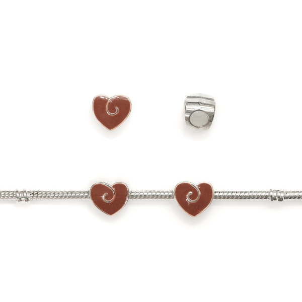 PANDORA TYPE - METAL WITH ENAMEL - HEART 01 - 11x11x9mm SILVER AND BROWN - 5pcs. Hole-4.5mm