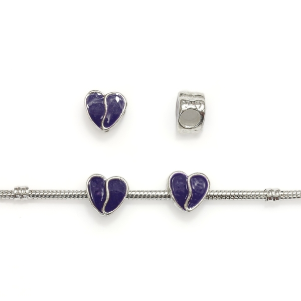 PANDORA TYPE - METAL WITH ENAMEL - HEART 02 - 12x12x8mm SILVER AND PURPLE - 5pcs. Hole-5.0mm