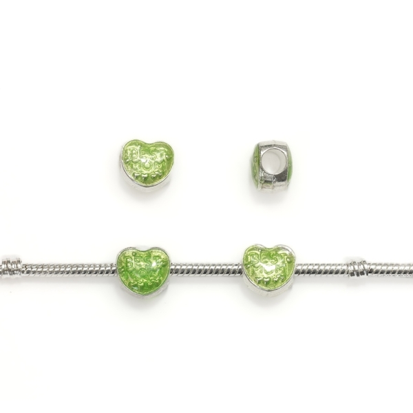 PANDORA TYPE - METAL WITH ENAMEL - HEART WITH INSCRIPTION 01 - 11x11x10mm SILVER AND GREEN (LIGHT) - 5pcs. Hole-4.5mm