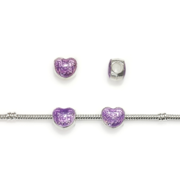 PANDORA TYPE - METAL WITH ENAMEL - HEART WITH INSCRIPTION 01 - 11x11x10mm SILVER AND PURPLE (LIGHT) - 5pcs. Hole-4.5mm