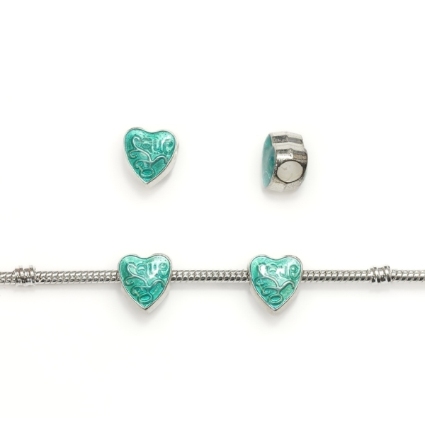 PANDORA TYPE - METAL WITH ENAMEL - HEART WITH INSCRIPTION 02 - 11x12x9mm SILVER AND BLUE-GREEN - 5pcs. Hole-4.5mm