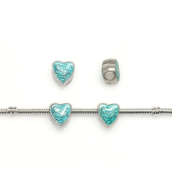 PANDORA TYPE - METAL WITH ENAMEL - HEART WITH INSCRIPTION 02 - 11x12x9mm SILVER AND TURQUOISE - 5pcs. Hole-4.5mm