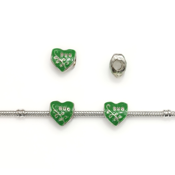 PANDORA TYPE - METAL WITH ENAMEL - HEART WITH INSCRIPTION 04 - 12x12x8mm SILVER AND GREEN - 5pcs. Hole-4.5mm