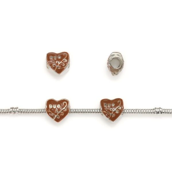 PANDORA TYPE - METAL WITH ENAMEL - HEART WITH INSCRIPTION 04 - 12x12x8mm SILVER AND BROWN - 5pcs. Hole-4.5mm